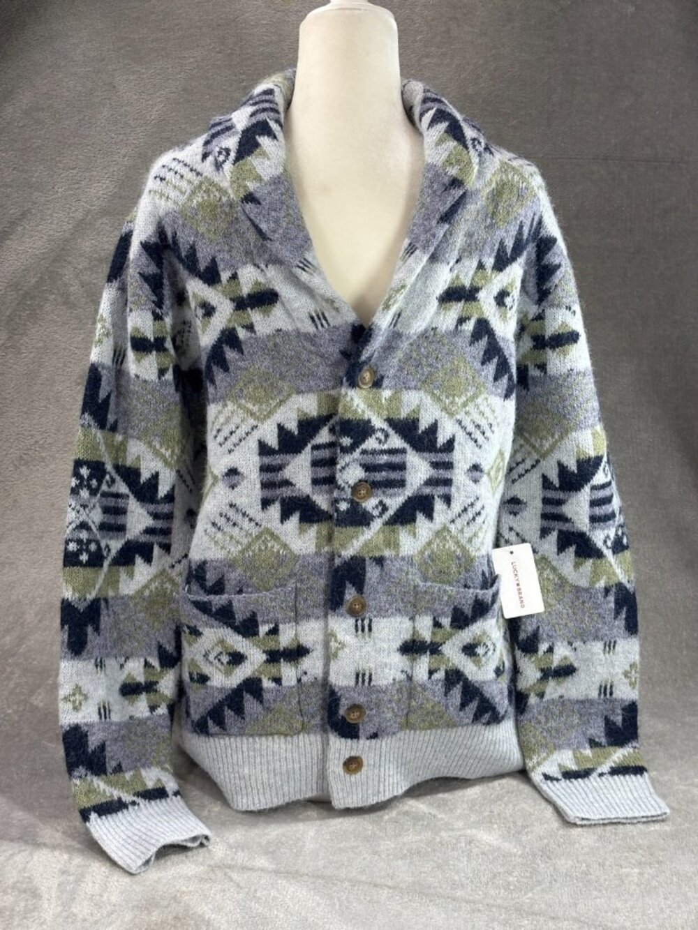 Lucky Brand Shawl Collar Cardigan Sweater Mens Medium Blue Gray Aztec Wool Blend